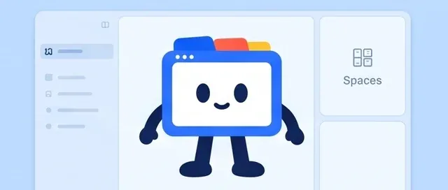 The BrowserPedia mascot standing in front of a spaces-and-sidebar workspace layout