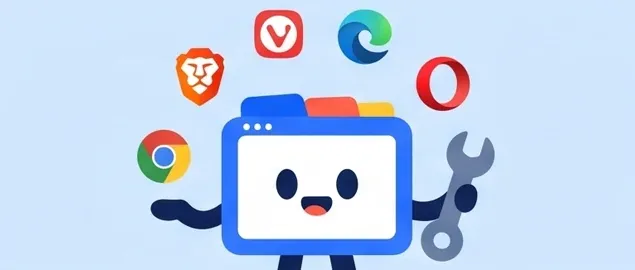 The BrowserPedia mascot holding a wrench, surrounded by Chromium-based browsers
