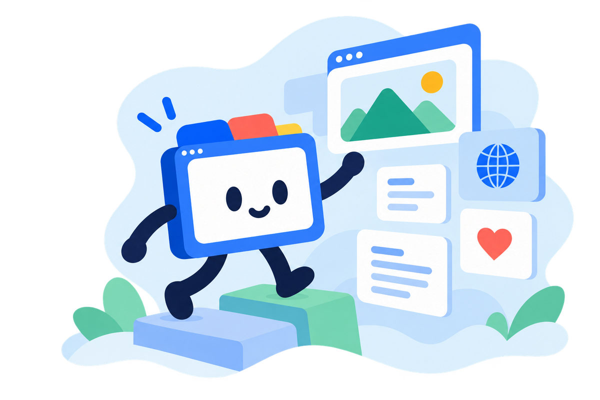 BrowserPedia companion mascot exploring browser discovery cards